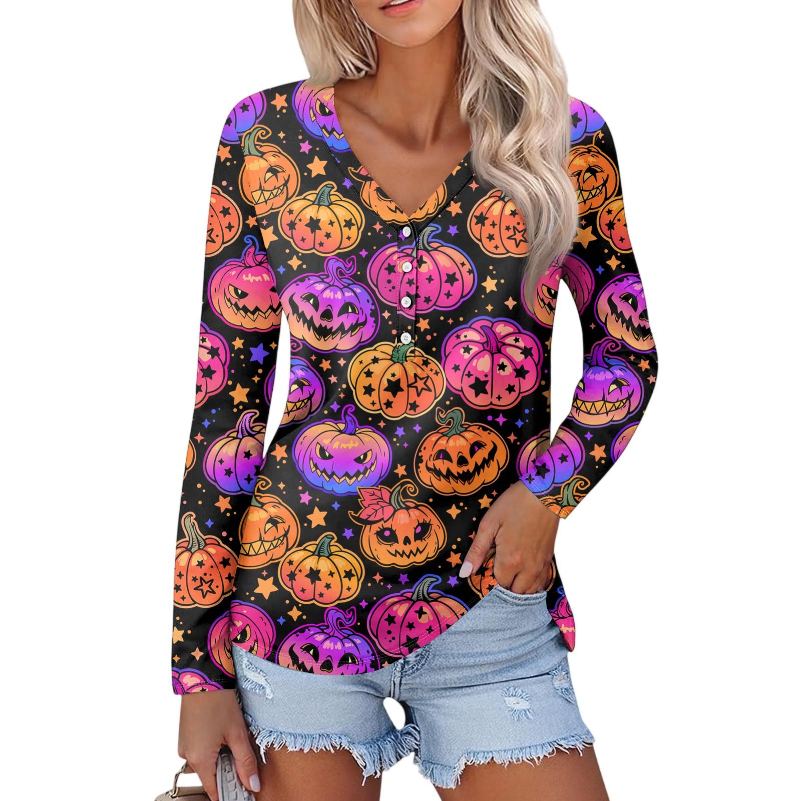 

Женская повседневная мода, сексуальный комфорт, Хэллоуин с принтом и v-образным вырезом, пуговицы, длинный рукав XXL