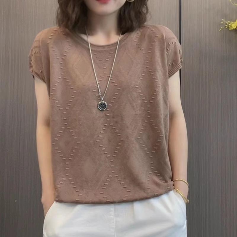 Summer Women's Knitted Short Sleeved T-shirt Loose Round Neck Women's Knitted Top