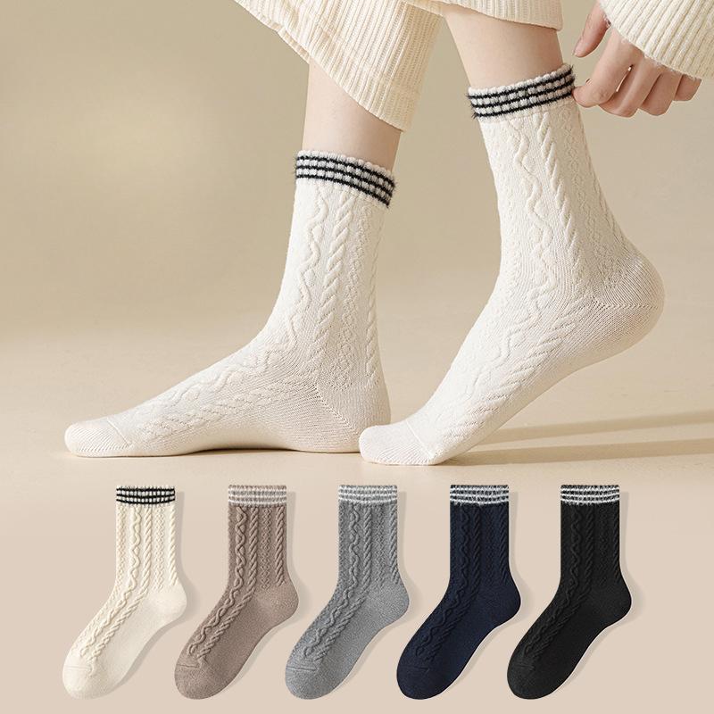 Wool Socks, Women's Linen Patterned Mid-calf Socks, Thick and Warm Cashmere Long Calf Socks for Autumn and Winter, Versatile Socks