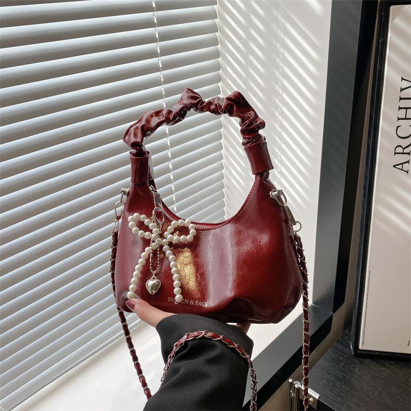 Chic Shiny Women Shoulder Y2K Bag, Crescent Ruched Handbag Purse with Pearl Bow Charm Adjustable ,Chain Strap Crossbody Bag