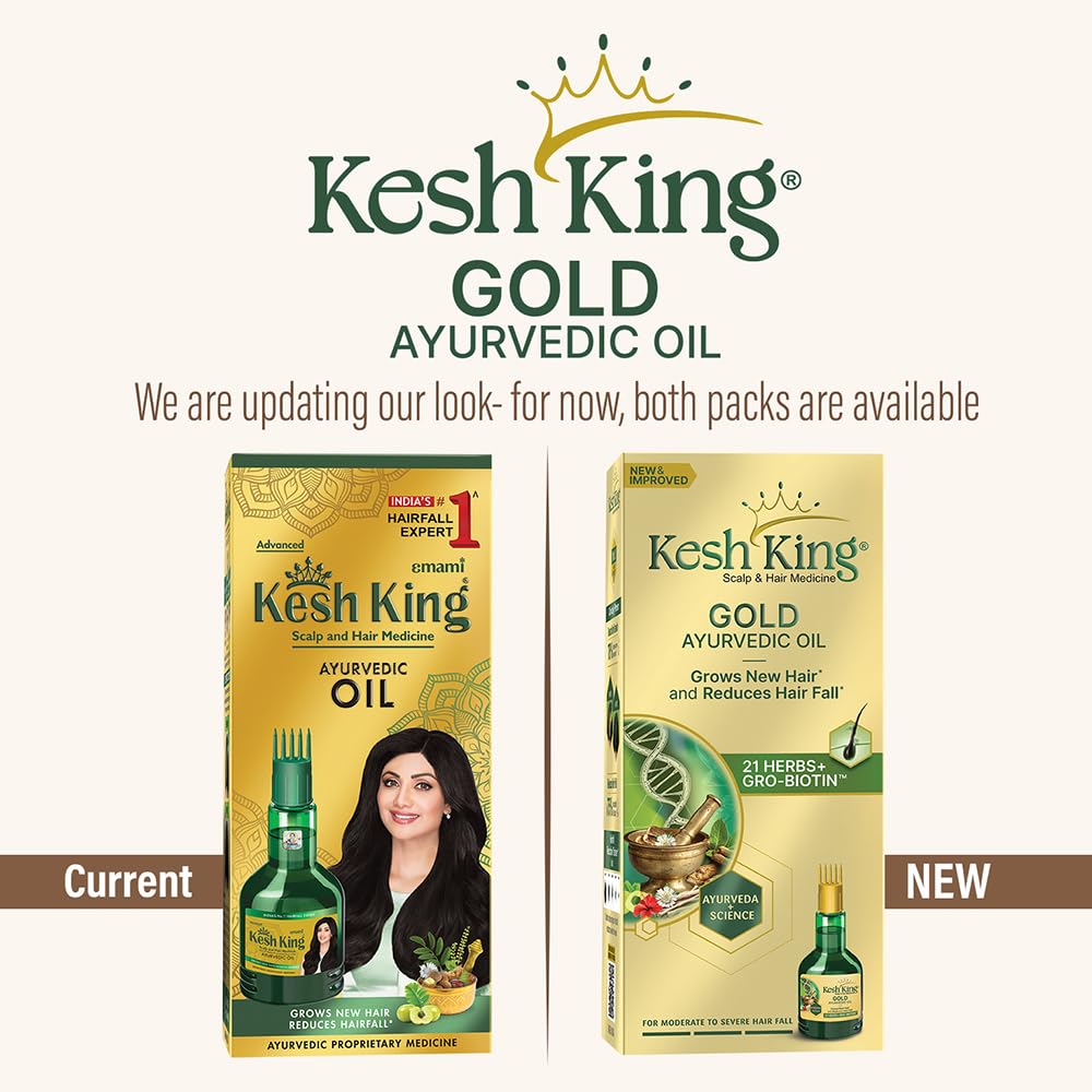 Kesh King Gold Ayurvedic Hair Oil with 21 Herbs and Gro-Biotin, Helps Grow New Hair and Reduce Hair Fall, Comes with a Hairfall Reduction Tracker