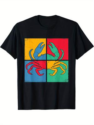 Krabben Pop Art Grafik T-Shirt Herren Lässig Kurzarm Rundhals Atmungsaktives Baumwoll-T-Shirt