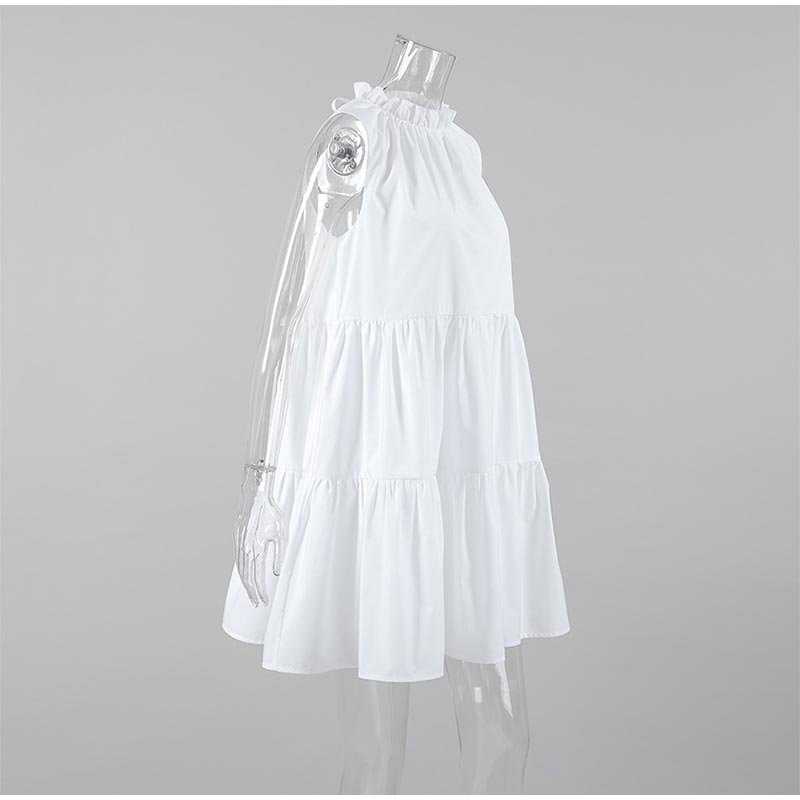 Elegant Ruffles Short A-line Dress Women Lace Up O-neck Sleeveless Vacation Dresses  Lady White Party Dress