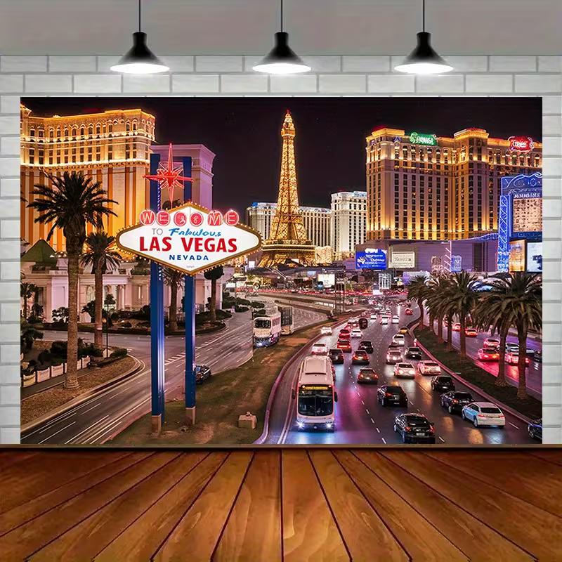 2D Las Vegas Party Backdrop, Nevada City Skyline with Eiffel Tower Photo Booth Background 47.2x31.5inch/120*80cm