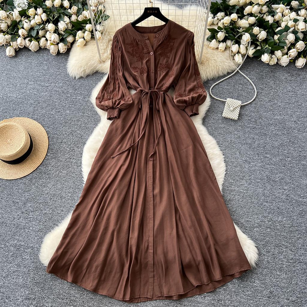 Vintage Elegant Embroidered Button Dress A-line Chic Casual Beach Vacation Women Summer Dresses