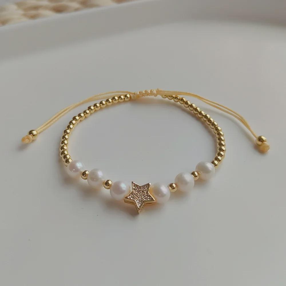 European-American Micro-Diamond Moon Jewelry: Pearl and Gold-Plated Bead Bracelet