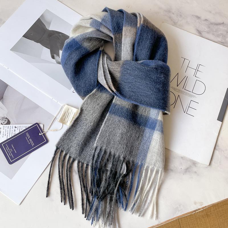 100 pure wool scarves, men's winter dark blue plaid cashmere scarves, high-end gifts for boyfriend, father, and elders
