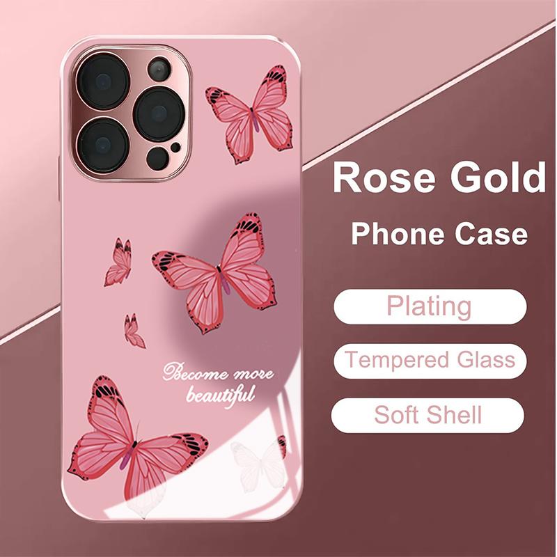 Cute Pink Butterfly Tempered Glass Phone Case for iPhone 17 Pro Max 16 15 14 Plus 13 12 11 Pro Max 16E 17Air Protection Cover
