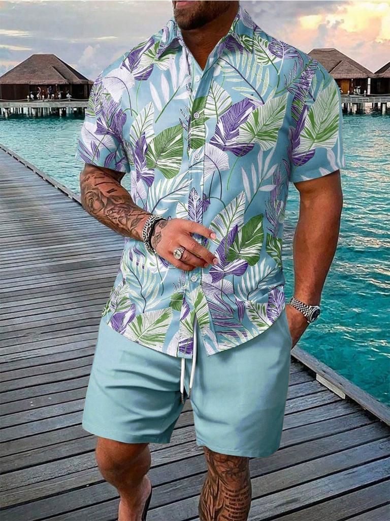 Sommer Strand 2-teiliges Hemd Set Herren Lässig Tropischer Print Kurzarmhemd Und Shorts Set Tropisches Hemd Herren Urlaubs Sets
