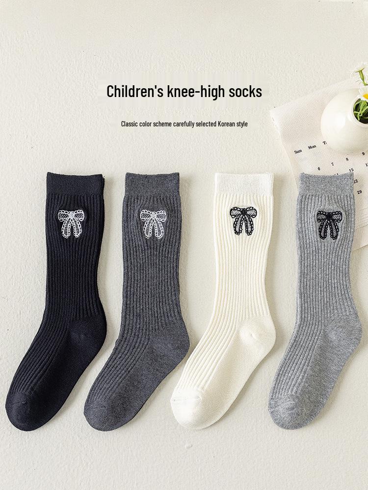 Girls' Calf Socks with Embroidered Bows - Spring/Autumn Cotton Long Socks for Children