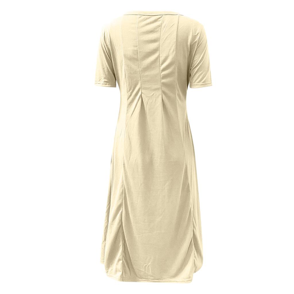 Women Casual Round Neck Short Sleeve Solid Color Midi Dress Loose Fit Flared Hem Comfortable Everyday Wear Simple Design