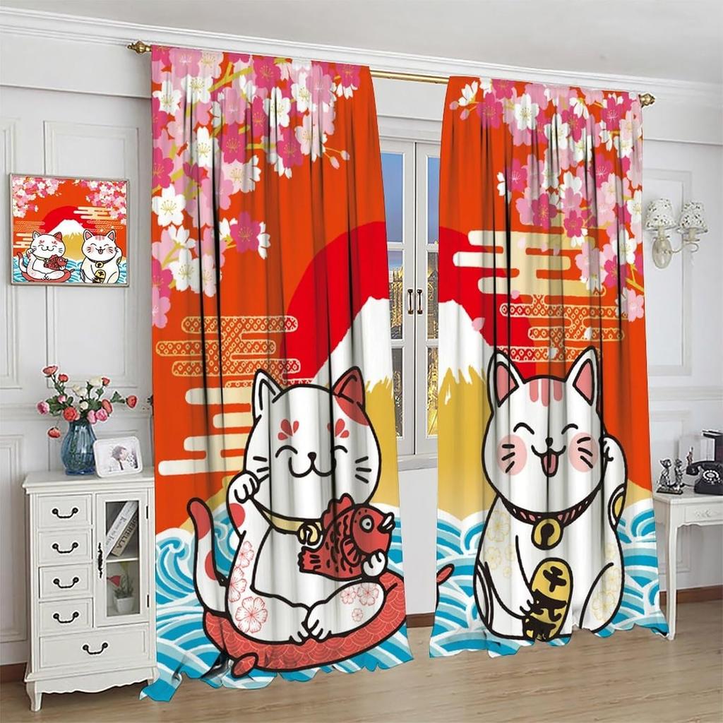 Japanese Curtains Cute Lucky Cat Rustic Pink Cherry Blossoms Mountain Fuji Red Sun Pattern Decor Drapes for Bedroom Living Room