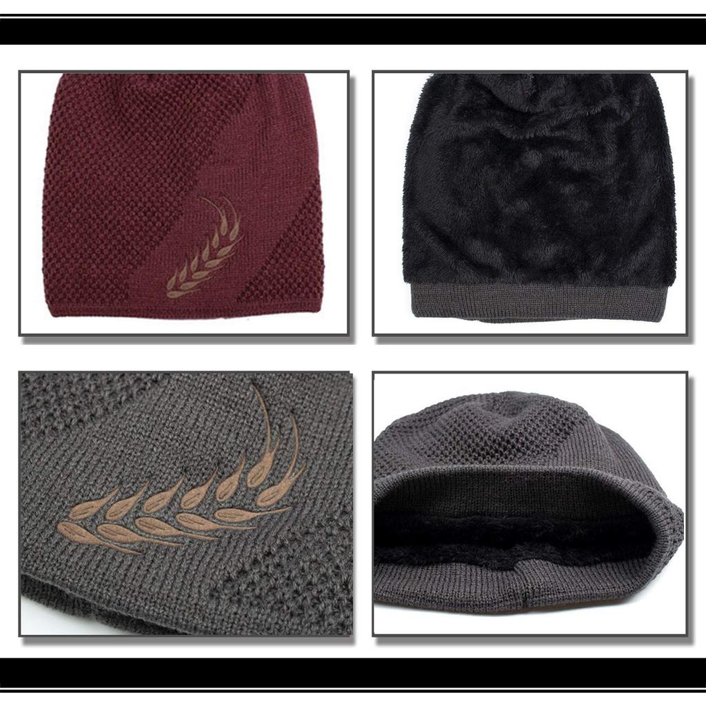 WHITE FANG Knitted Hat with Woven Leaf Fleece Cold CA379 Pattern, Casual, Stylish, Hat, Cap, Lining, Protection, Men's (01 Black)