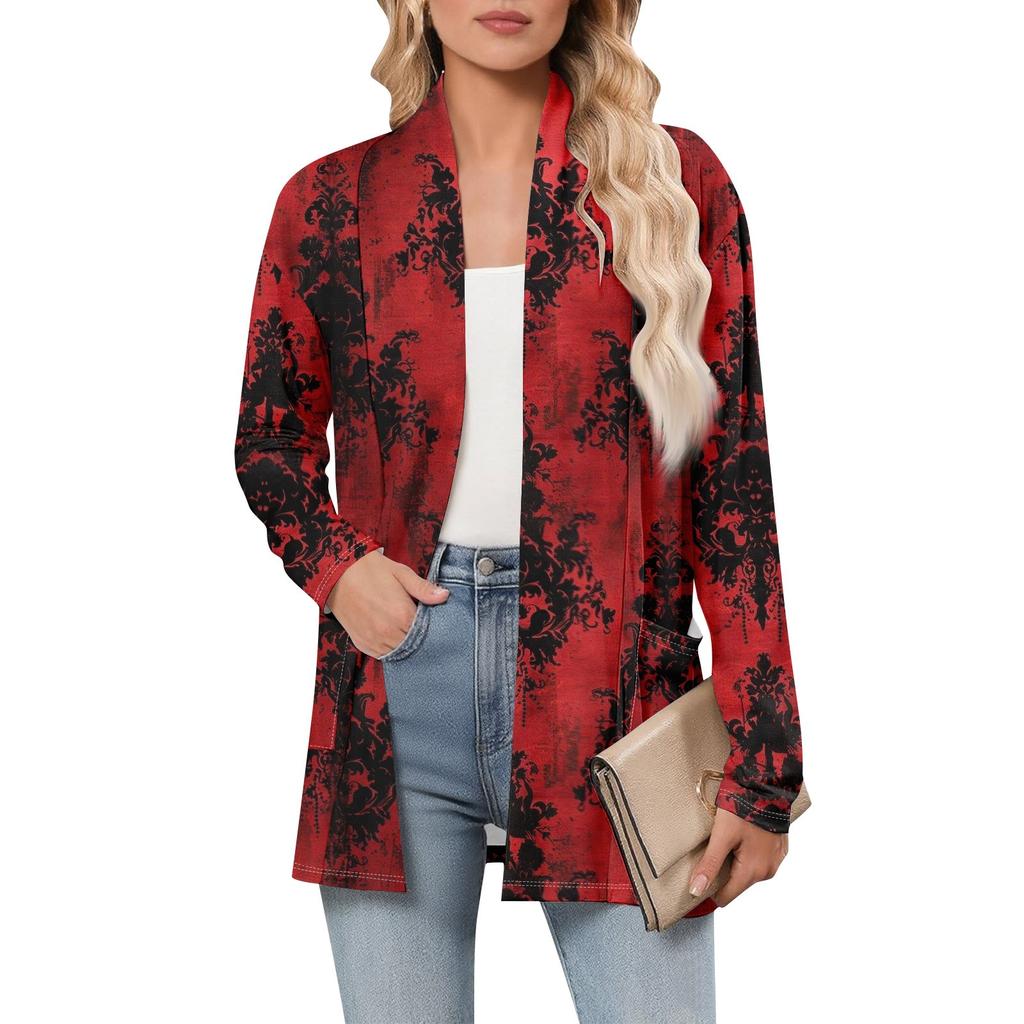 Women's Long Sleeve Cardigan V Neck Fashion Halloween Printed Shirt Lightweight  Casual Loose Thin Cardigans With Pockets