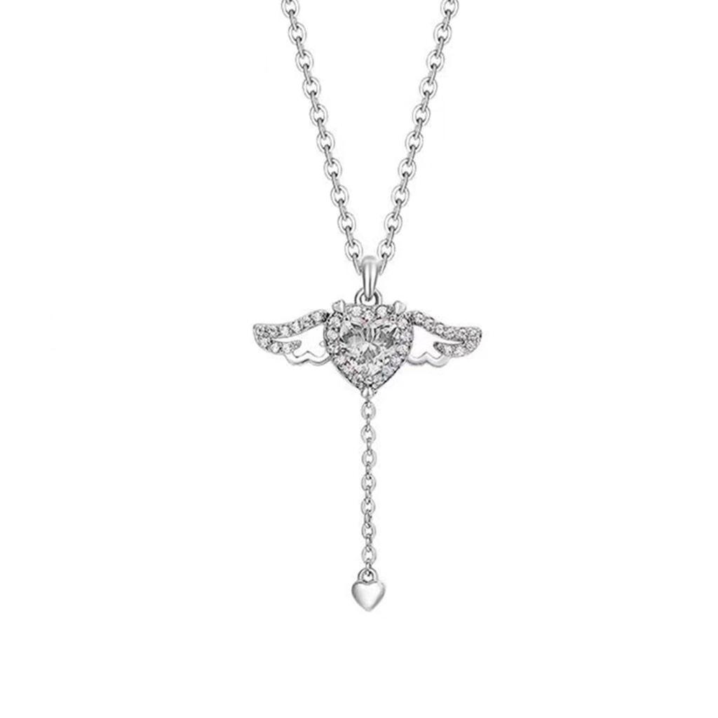 Y2K Crystal Zircon Heart Pendant Necklace Angel Wing Elegant Clavicle Chain