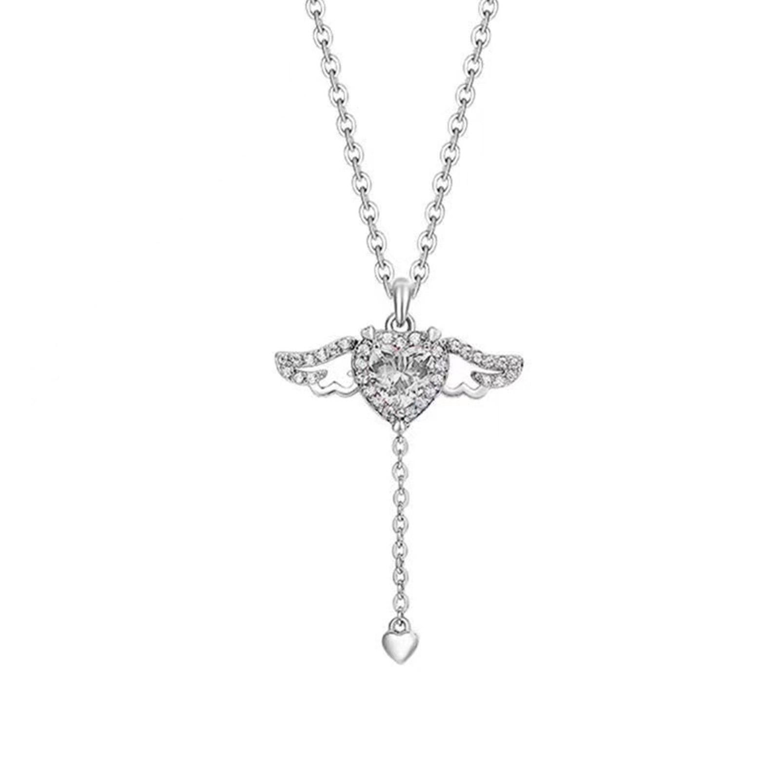 Y2K Crystal Zircon Heart Pendant Necklace Angel Wing Elegant Clavicle Chain