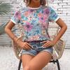 Damen Sommer Kurzarm Rundhals Blumenmuster Pullover T-Shirt Top