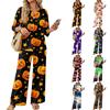 Women's Casual 2 Piece Outfit Set Printed 3/4 Sleeve Button Down Top Wide Leg Pants Wear
