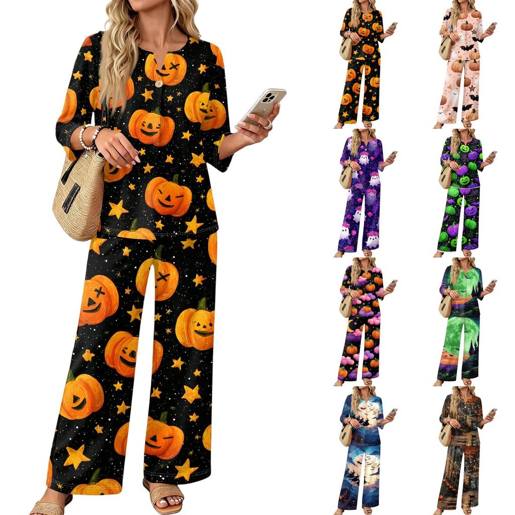 Women's Casual 2 Piece Outfit Set Printed 3/4 Sleeve Button Down Top Wide Leg Pants Wear