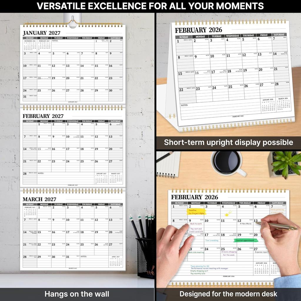Wall Calendar 2026-2027, 3 Month Vertical Calendar, Move-a-Page, 2 Year from January 2026 - December 2027, 11’’ x 25’’, Large Monthly Hanging