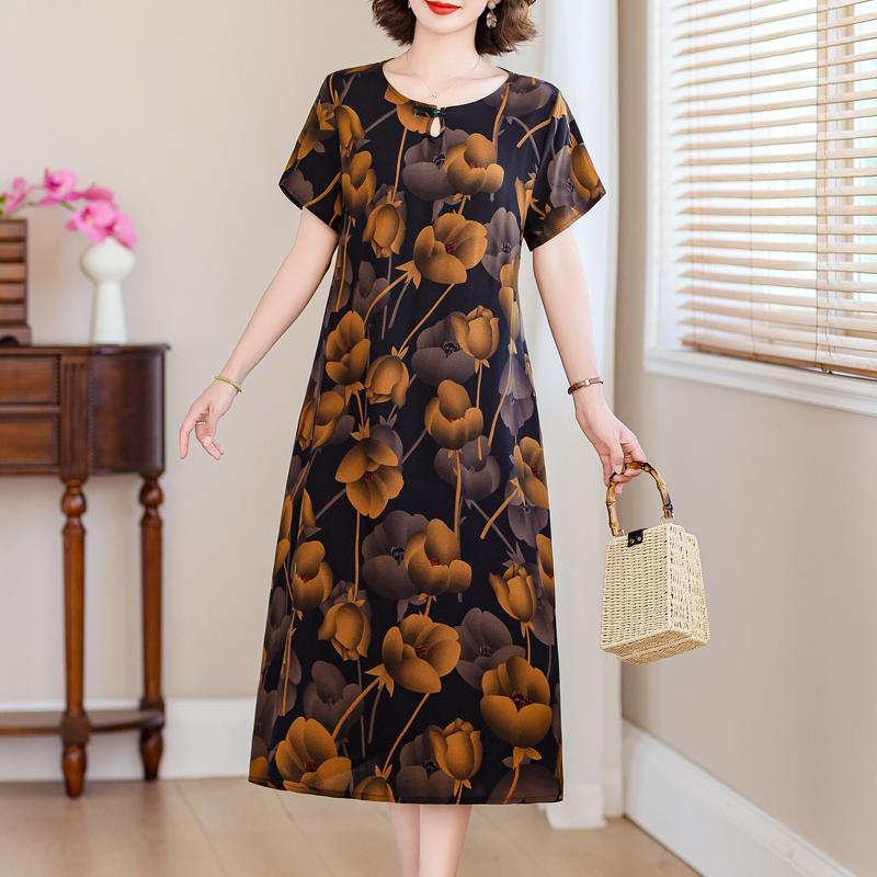 Eleganckie długie sukienki dla kobiet Plus rozmiar luźna sukienka w stylu vintage z krótkim rękawem letnia odzież damska w średnim wieku