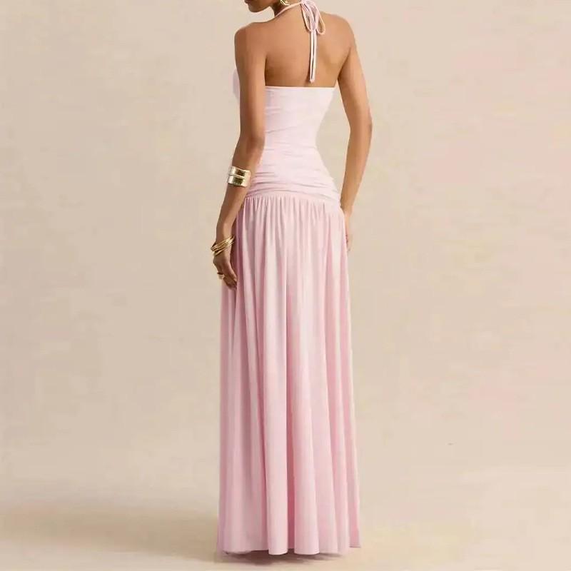 Elegant Solid Color Pleated French Style Sleeveless Maxi Dress High Waist Fit 2026 Womens Casual