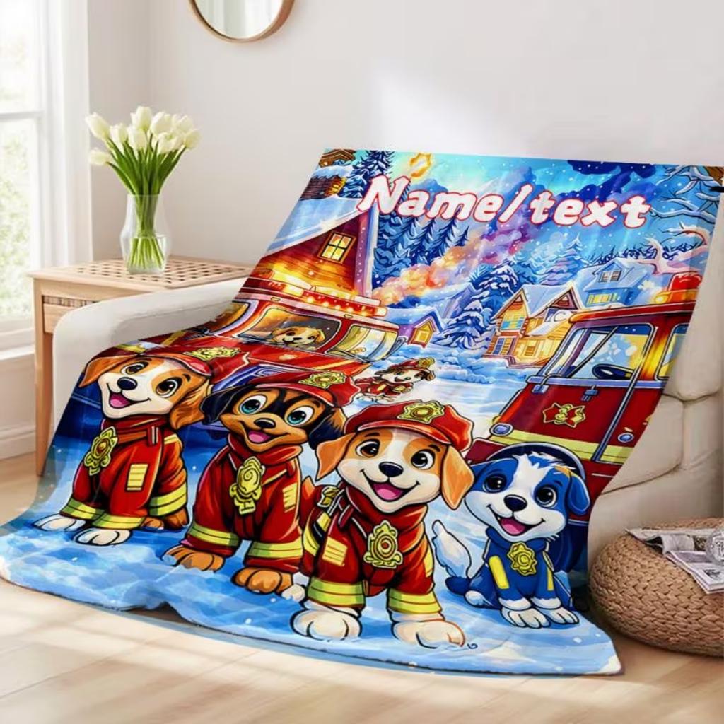 Custom Name Text Firefighter Dog Digital Print Flannel Blanket, Soft Warm Throw For Sofa Bed Travel Camping Office Armchair