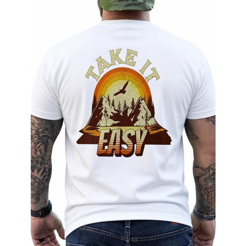 Take It Easyintage Camping Outdoors Hiking Lovers Back Print T-Shirt - Men's Back Printed T-shirt - 100%Cotton - Crew Neck