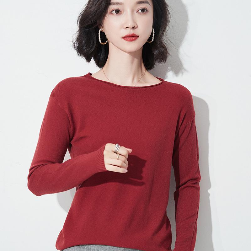 Autumn/Winter Women's Wool Sweater: Round & V-Neck, Rolled Edge, Long Sleeve, Thin Knit Top