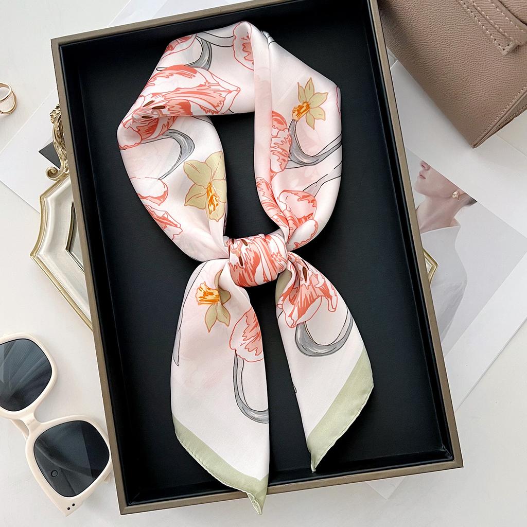 Summer Thin Floral Square Scarf For Women Hair Bag Decoration