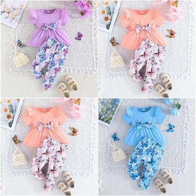 New Summer Baby Girl Flying Sleeve Solid Color Top + Butterfly Print Long Pants Two-Piece Set