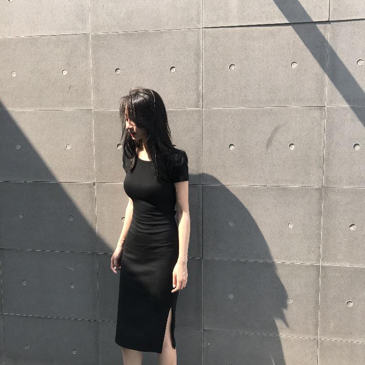 Korean Style Sexy Mid-Length Slit Backless Dress - Polyester Fiber