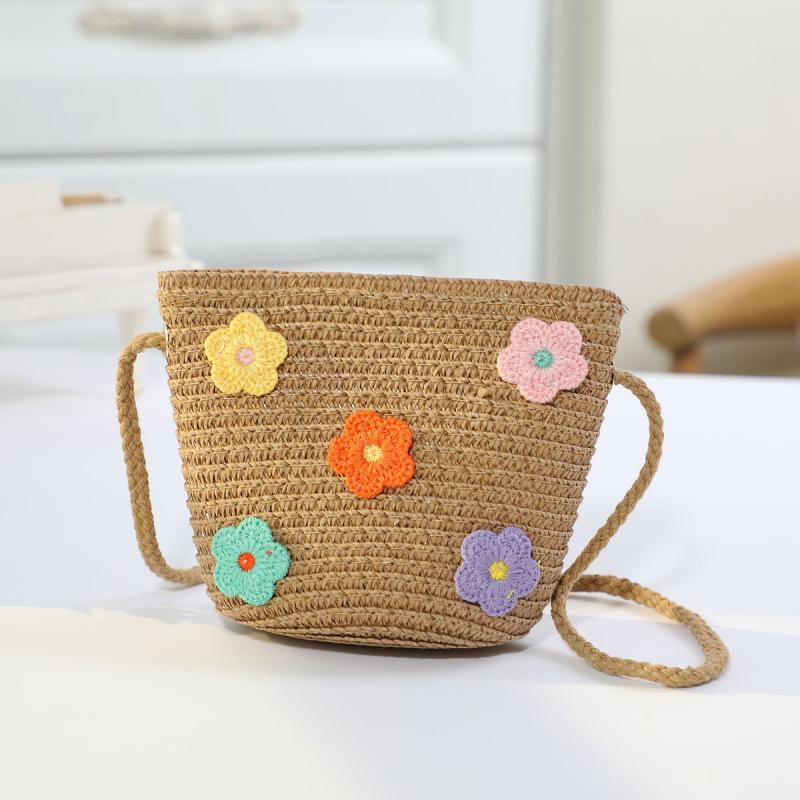 Borsa in paglia con cerniera e fiore per bambina, simpatici accessori per foto, borsa a tracolla intrecciata a mano per bambini, cestino portaoggetti, portamonete, borsa a tracolla