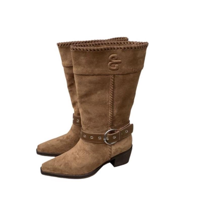 Lapel Two Wear Wide Tube Stacking Boots Pointed Western Cowboy Boots Summer Boots Women's Thick Heel Versatile Medium Boots