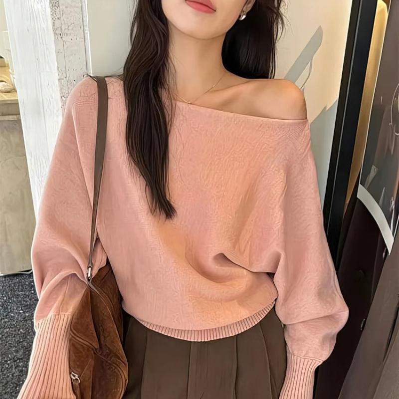 Batwing Long sleeve Knitted Pullover Women 300g Thick Off shoulder Top Korean Fashion Sweater Loose Casual Autumn Outwear Pull
