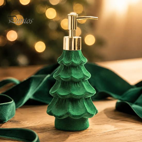 Cute Holiday Bathroom Accessories Christmas Tree Soap Dispenser, Flocking Effect Refillable Lotion Flocked Decor for Sink Pump Bottle, Reusable