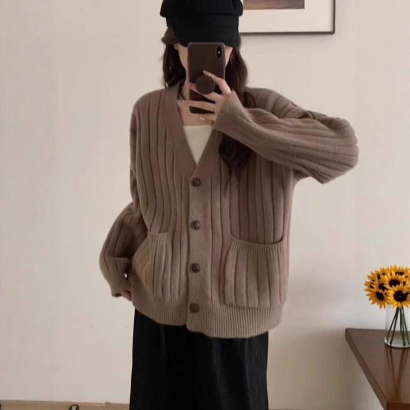 Vintage twist knitted cardigan women's autumn and winter casual lazy style loose versatile pocket sweater knitted jacket