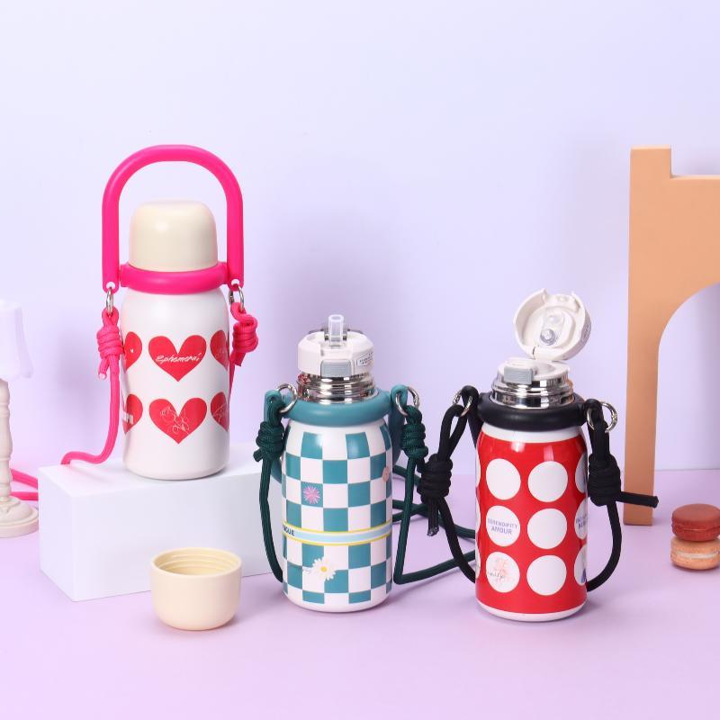 Cute Stainless Steel Insulated Water Bottle With Portable Handle Adjustable Strap For School Outdoor Activities Daily Use