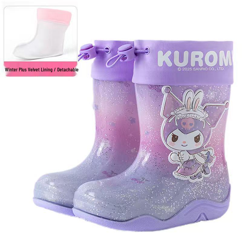 Sanrio Kids Waterproof Girls' Winter Rain Boots with Fleece Lining, Non-Slip Outdoor Rubber Boots