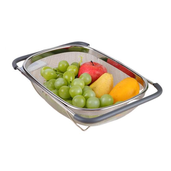 Stainless Steel Drain Basket Sink Colander Strong Load-Bearing Telescopic Vegetable Fruit Strainer Basket with Expandable Handles L серый