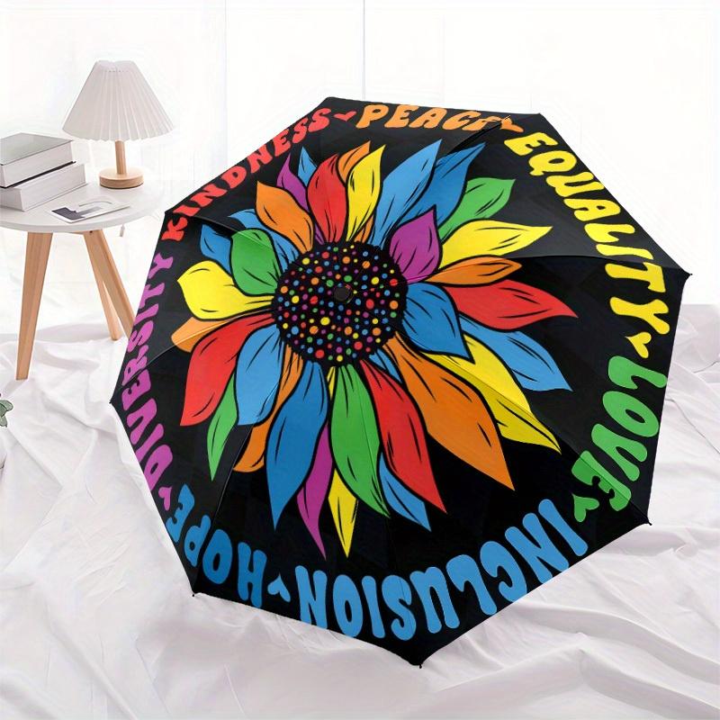 1pc Kindness Equality Automatic Folding Umbrella, 8-Rib Sturdy Canopy, Portable Travel Umbrella for Outdoor Use