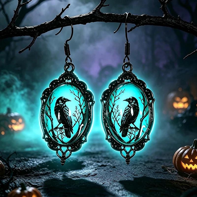 Gothic Luminous Bat Crow Glass Dangle Earrings Vintage Black Metal Drop Jewelry For Women Halloween Party Accessory