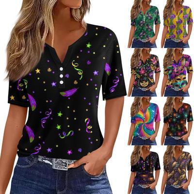 Damska koszulka T-shirt z nadrukiem Przycisk z krótkim rękawem Codzienny weekend Moda Podstawowy Dekolt w kształcie litery V Regularny top