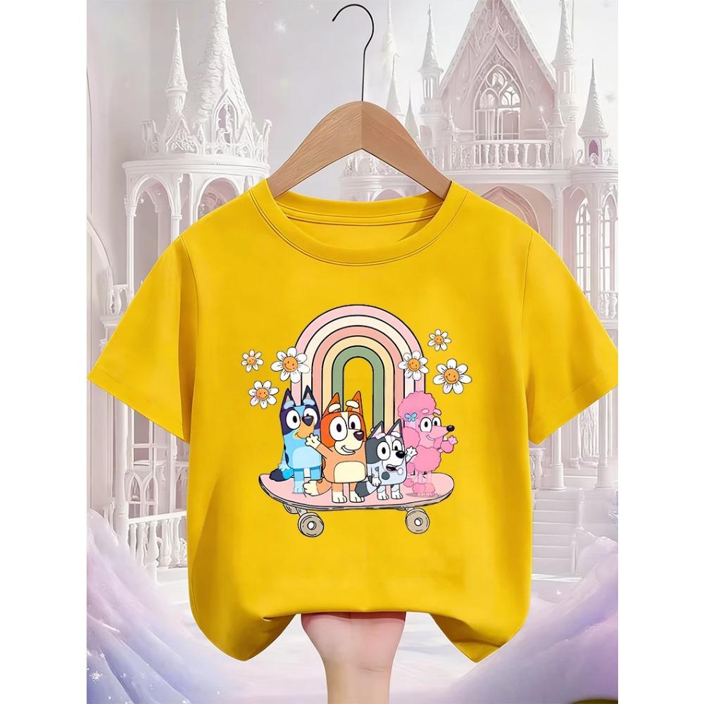 Kids Casual Tee Street Fashion Bluey Popular Cartoon Print For Boys Girls Summer Soft Comfort Tops 3-14 Age