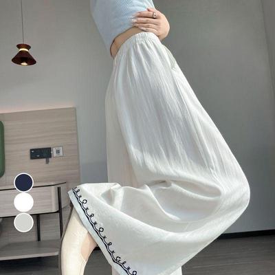 Women's Embroidered Ice Silk Cotton High-Waisted Wide-Leg Pants for Spring/Summer 2026