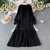 Large size fat MM lace-up round neck lantern sleeve dress women's summer commute loose belly covering thin pleated dress
