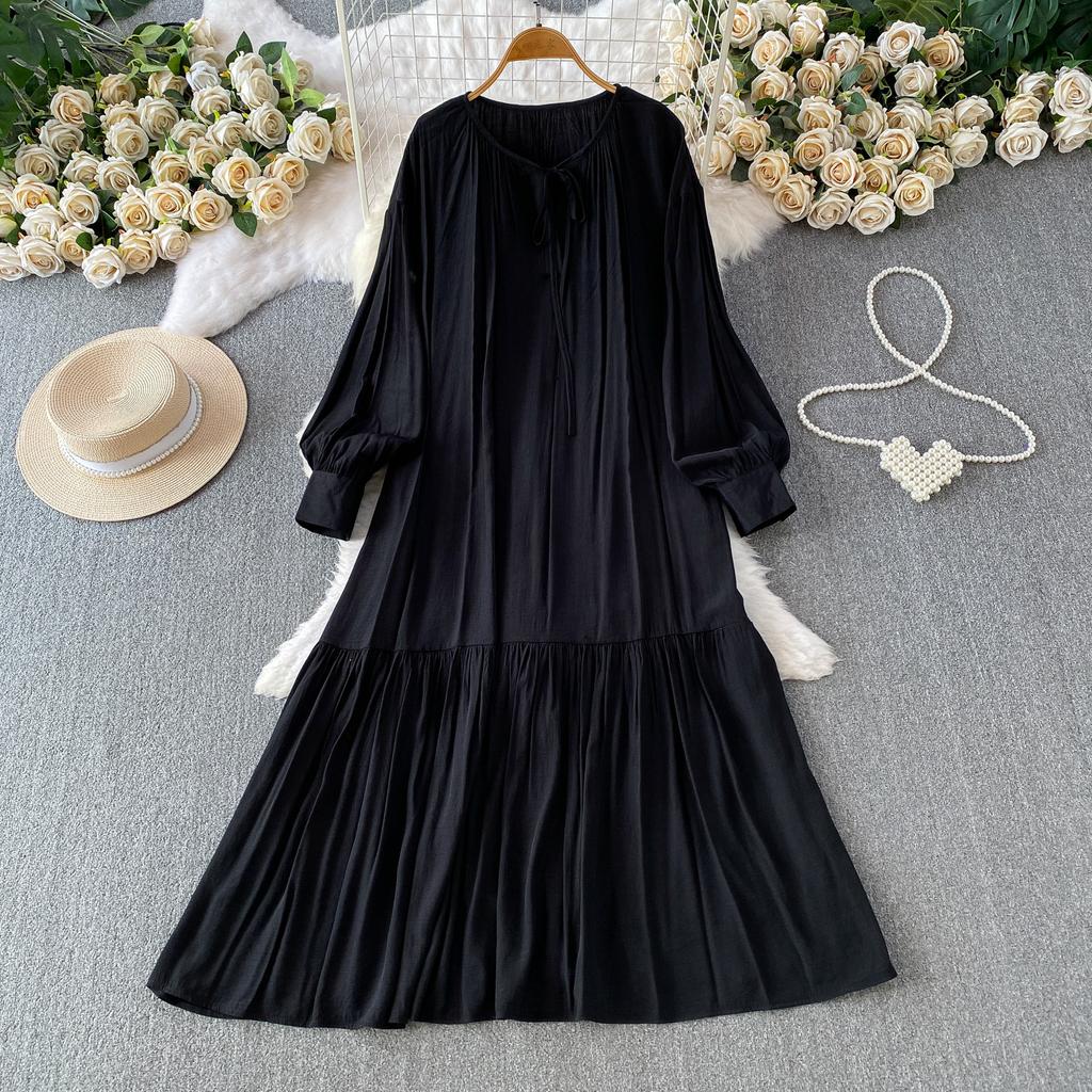Large size fat MM lace-up round neck lantern sleeve dress women's summer commute loose belly covering thin pleated dress