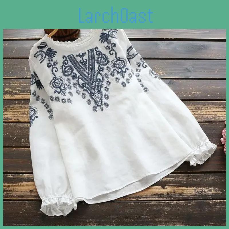 Spring Long Ruffles Sleeve Tops Women Vintage Embroidery Blouse Casual O Neck Cotton Linen Blusas Femininas Shirt Mujer