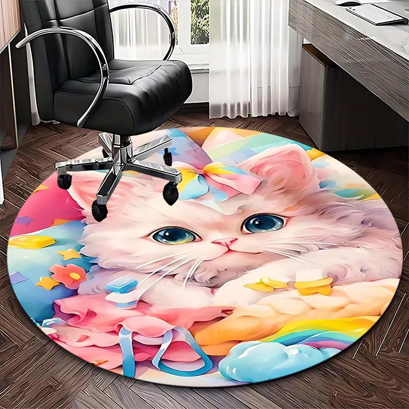 1pc Anime Design Round Carpet Cute Cat with Bow Tie Chair Mat, Non Slip Rug for Office & Home Decor