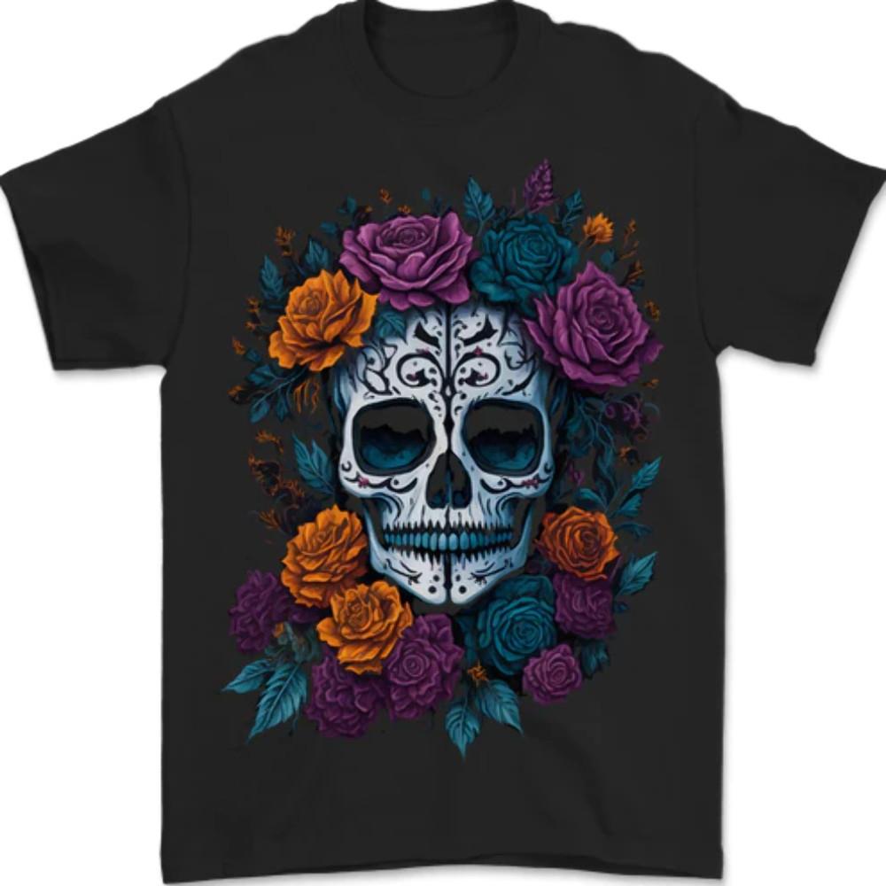A Sugar Skull With Roses Day of the Dead DOTD Mens T-Shirt 100% Cotton S